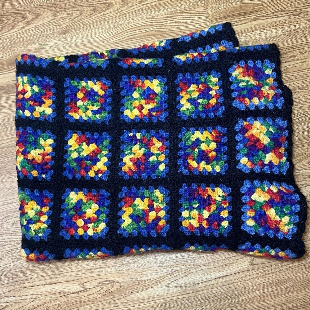 Afghan Hand Made Granny Square Crochet Throw Black Rainbow 56" x 38” Roseanne